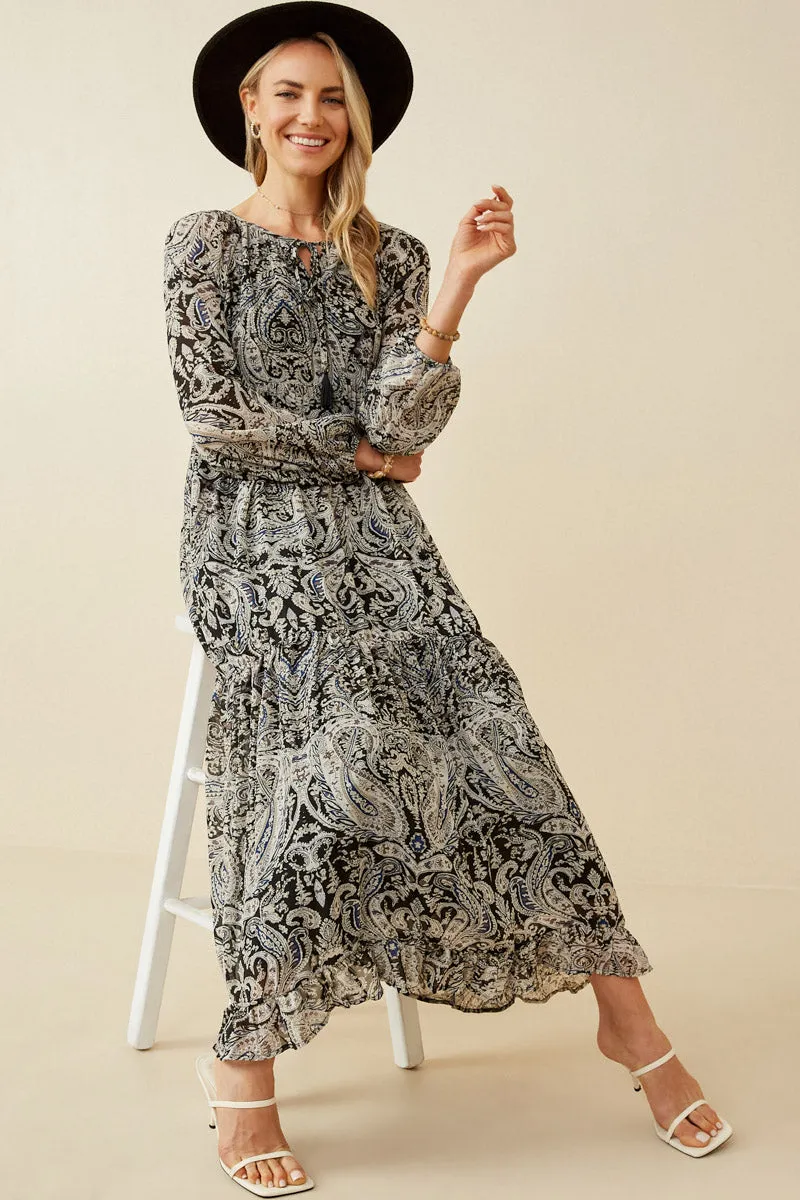 Paisley Print Long Sleeve Maxi Dress Party Floral