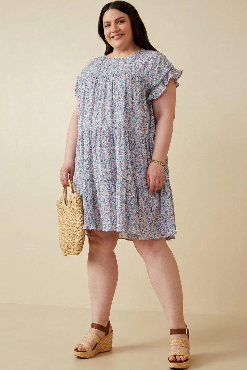 Office Casual Crinkle Pleated Floral Ruffle Shoulder Dress