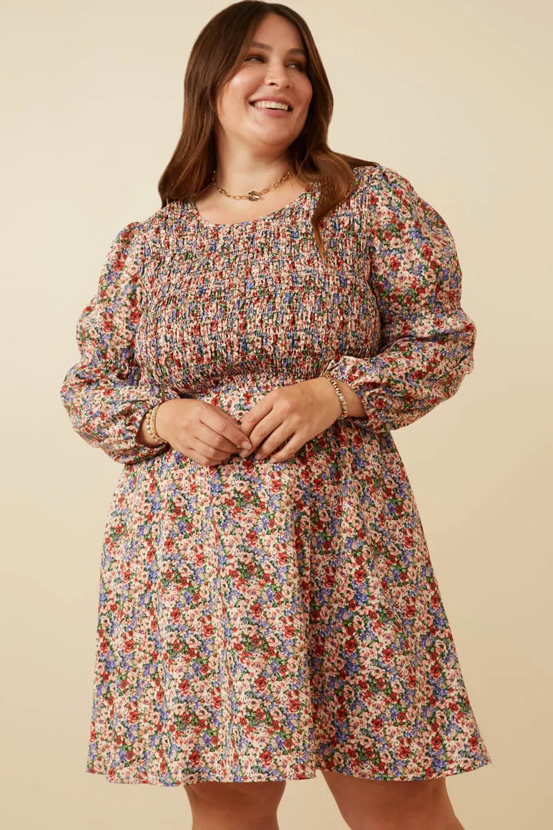 Smocked Bodice Peasant Sleeve Ditsy Floral Dress Playful design piece