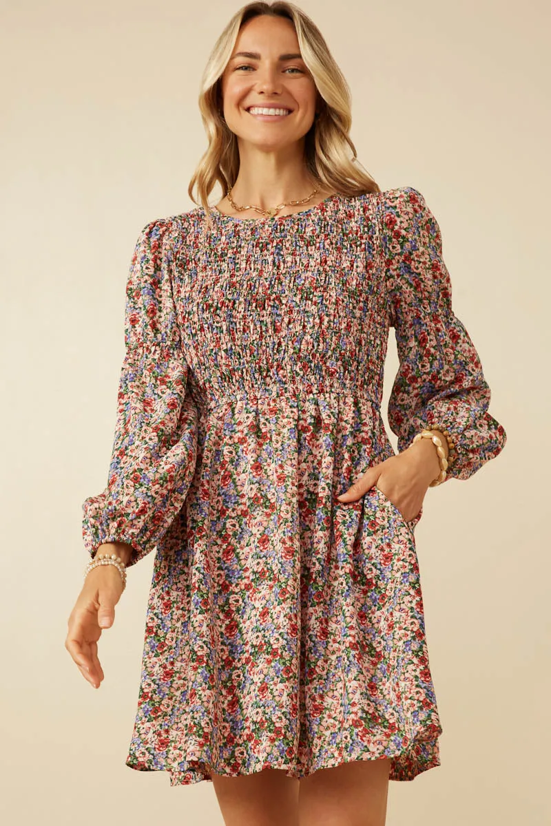Smocked Bodice Peasant Sleeve Ditsy Floral Dress Satin Layers