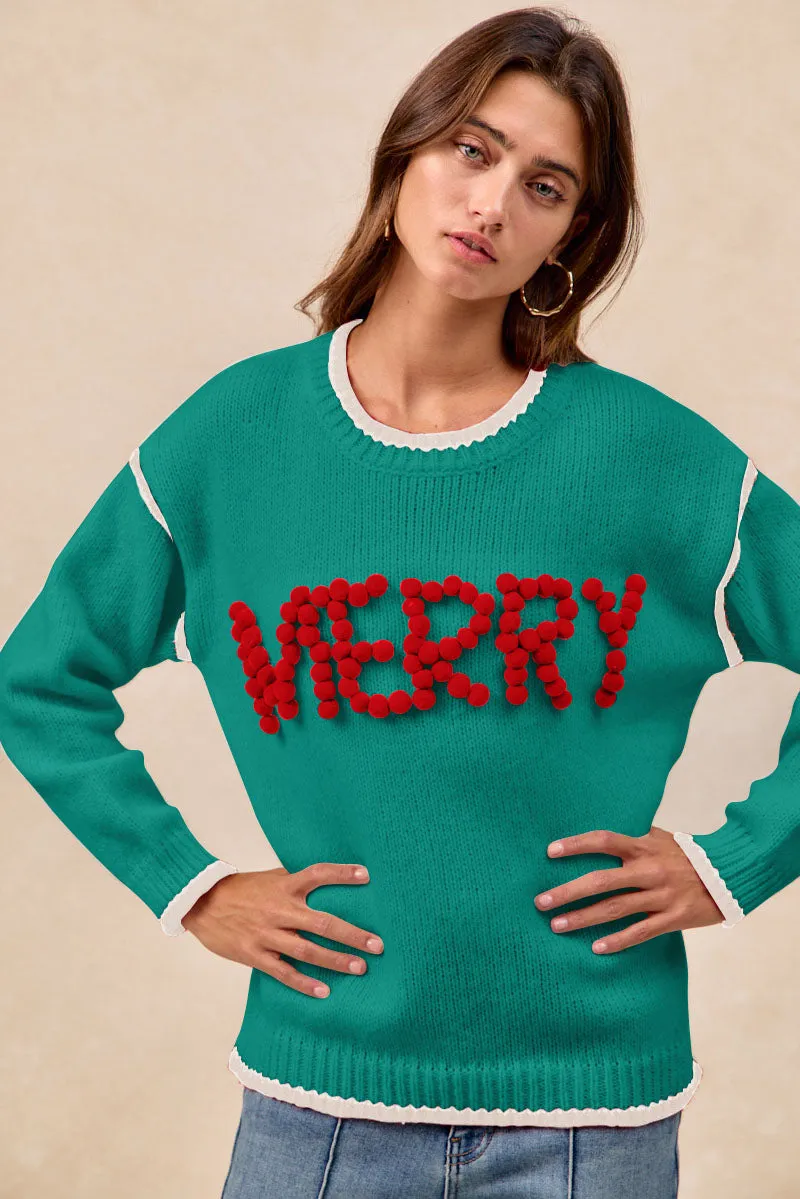 AntiSnagZippers IT4702H-03 | CHRISTMAS THEME POMPOM LATTERING MERRY SWEATER TOP