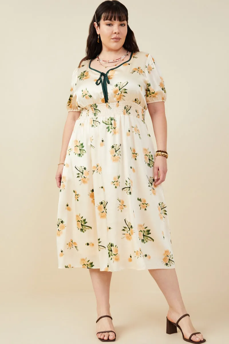 Stain-Resistant Event Safe Contrast Piping Tied Smock Waist Satin Dress