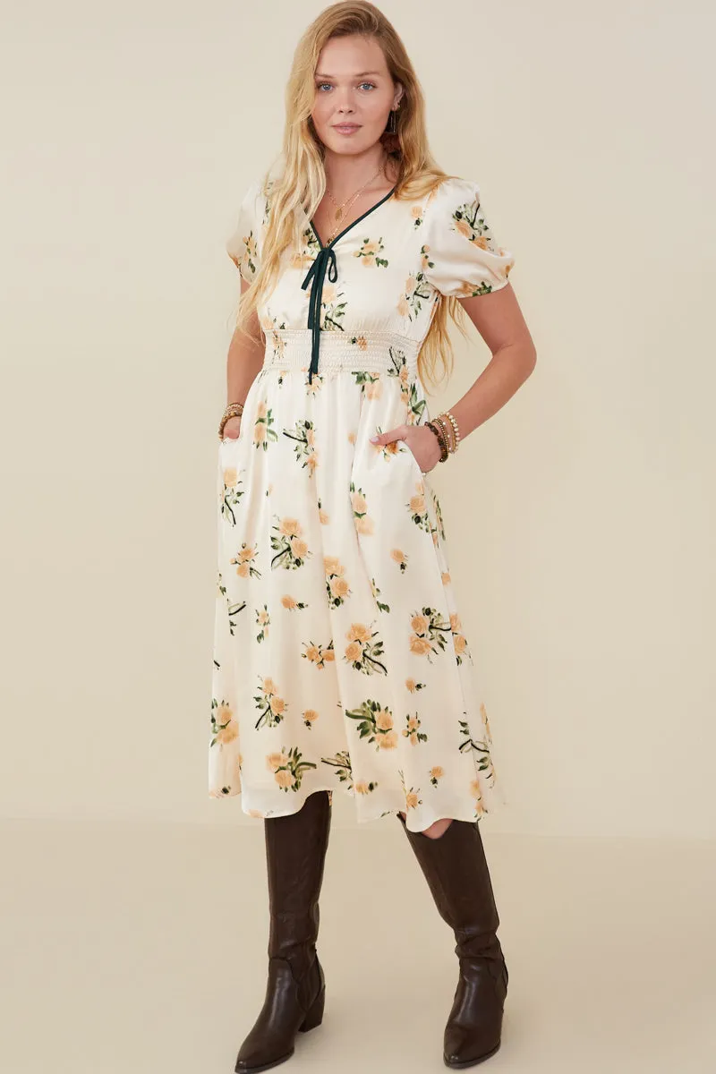 Inner Glow Contrast Piping Tied Smock Waist Satin Dress