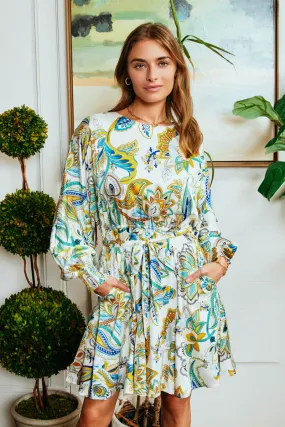 Day Outfit Paisley Floral Print Belted Smocked Dress