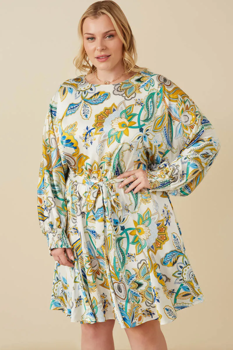 Paisley Floral Print Belted Smocked Dress Signature-Style Subtle pattern