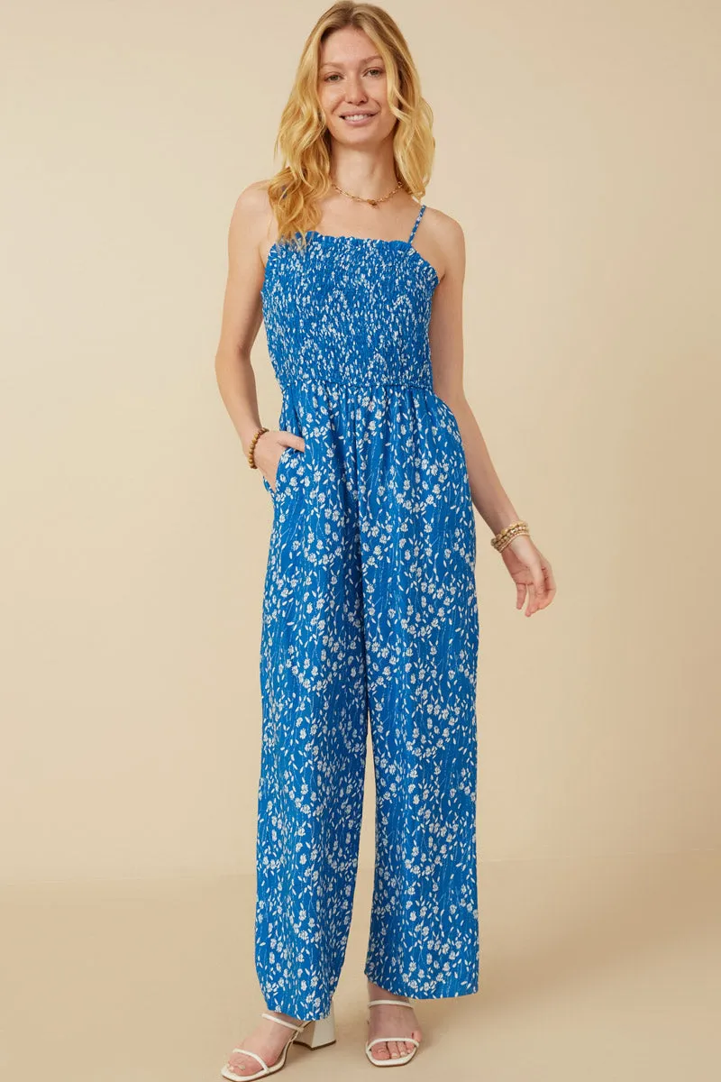Studio Style Ditsy Botanical Print Smocked Wide Leg Jumpsuit