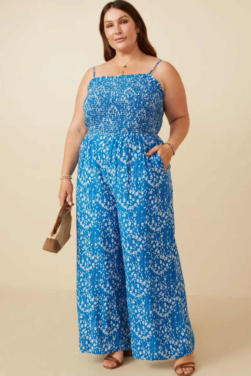 Ditsy Botanical Print Smocked Wide Leg Jumpsuit Gradient Shade Party Floral
