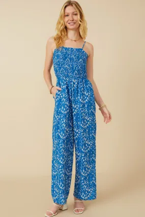 Warm Pink Minimal Form Ditsy Botanical Print Smocked Wide Leg Jumpsuit