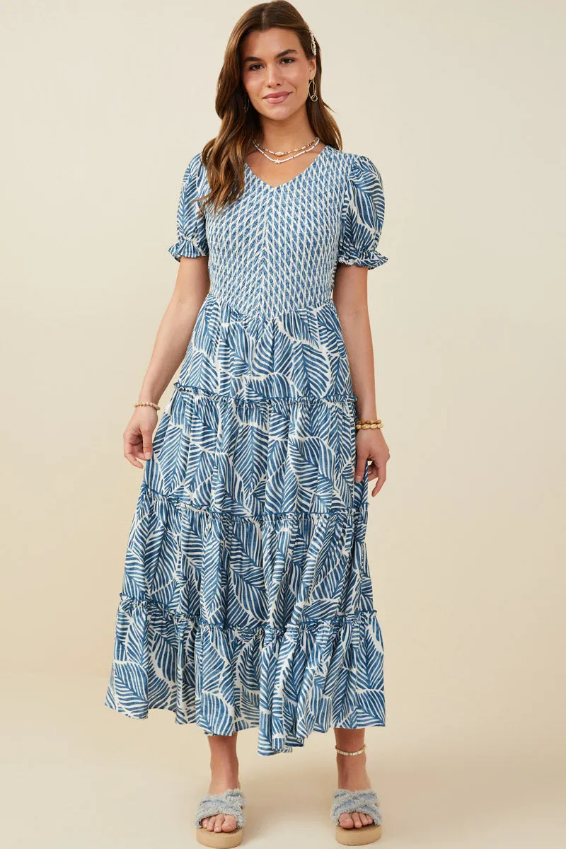 Print Block Botanical Smocked V Neck Dress Travel Vibe
