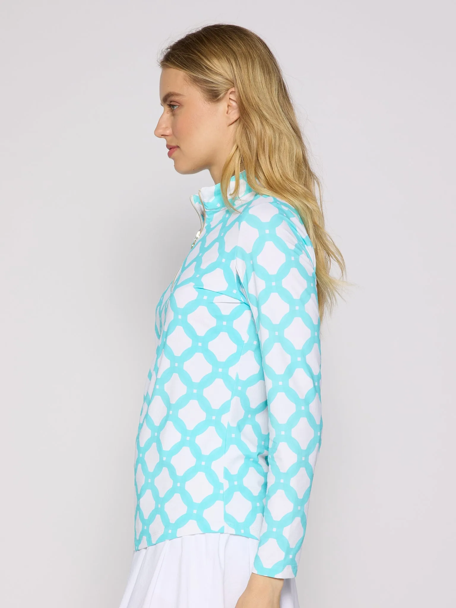 Quarter Zip Sun Protection Top In Circle Geo Caribbean Turquoise NoTagLabel SolarReflectiveFinish