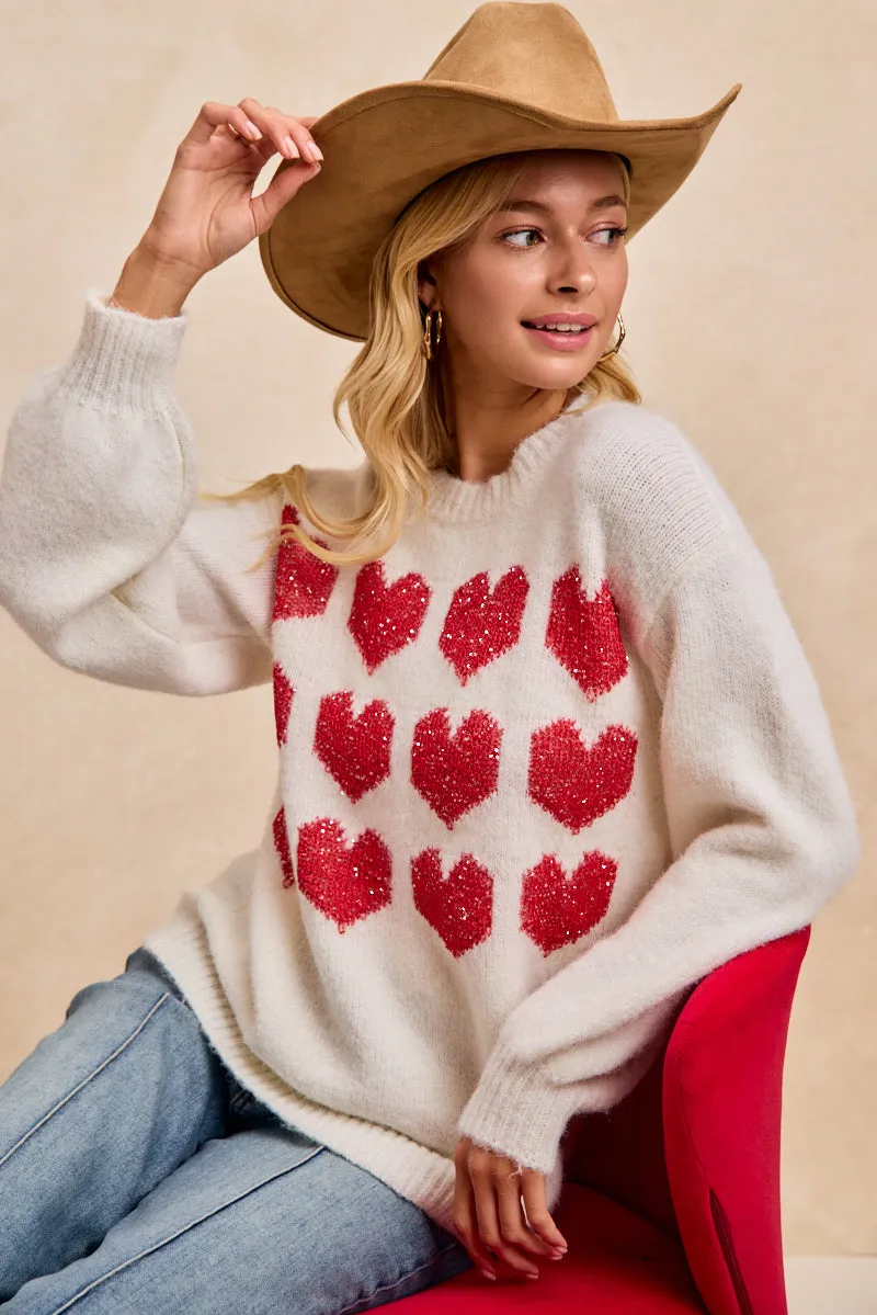 IT4808-01 | VALENTINES HEART ARTWORK GLITTER SWEATER TOP Bold Waistband Straight Leg