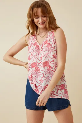 Tropical Floral Smocked Tank Water Repellent Finish Long Sleeve Polo