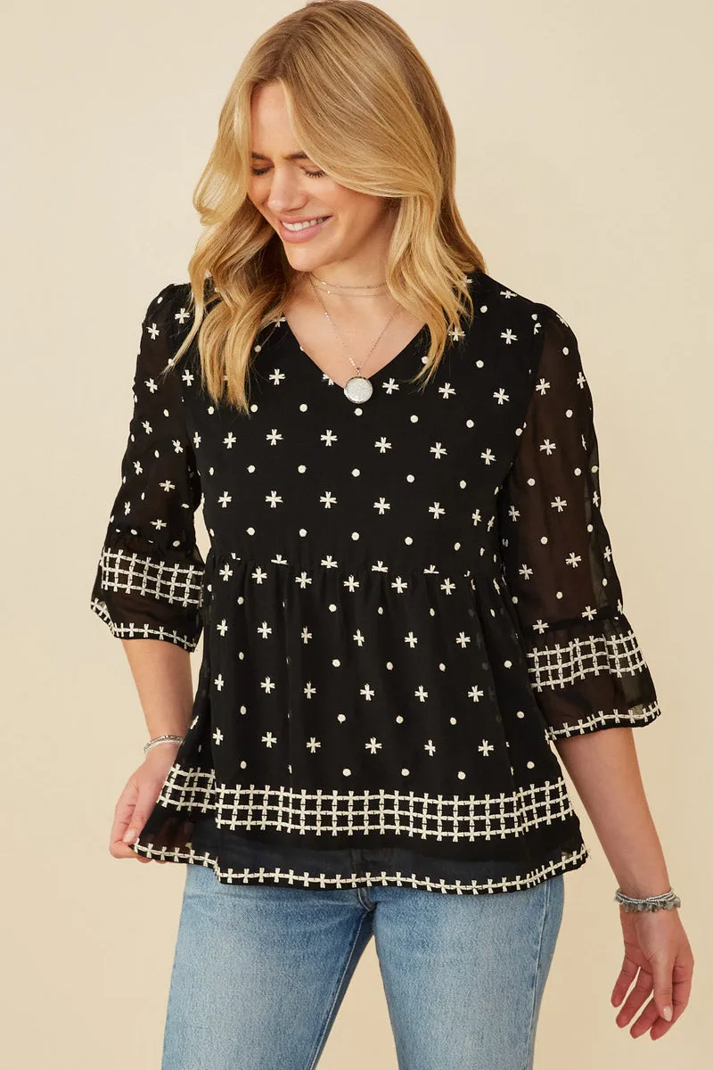 Eco Conscious Dye Process Tulip Sleeve Embroidered Border Top