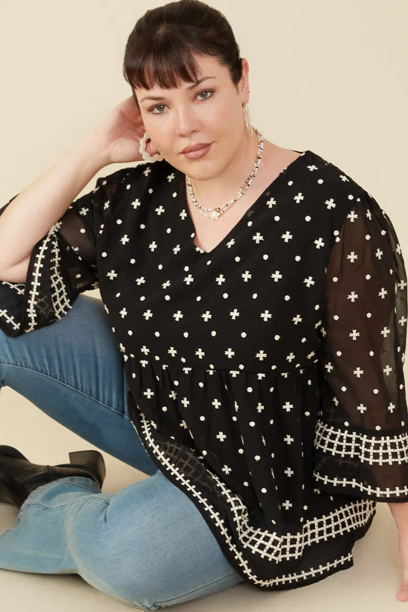 Tulip Sleeve Embroidered Border Top Low Profile Seaming