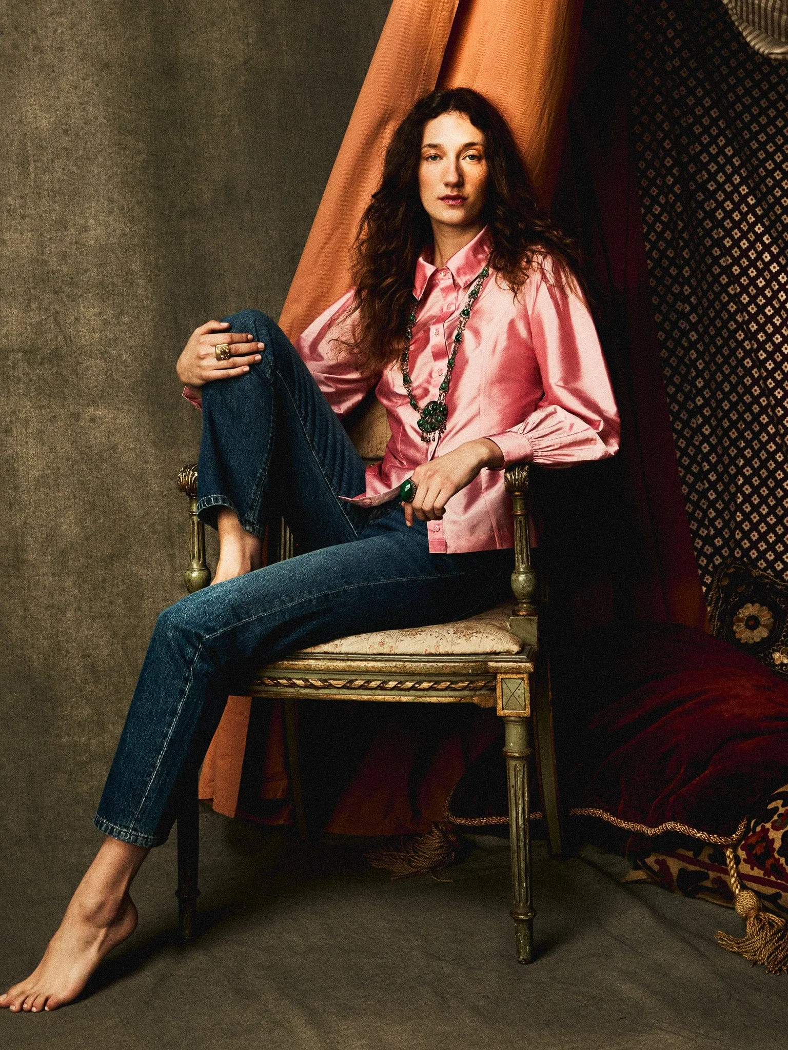 Contrast Stitch Detail Adeline Top in Peony Taffeta