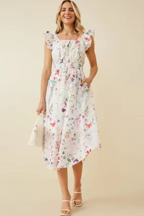 Faint Floral Ruffled Shoulder Midi Dress Balanced Tone