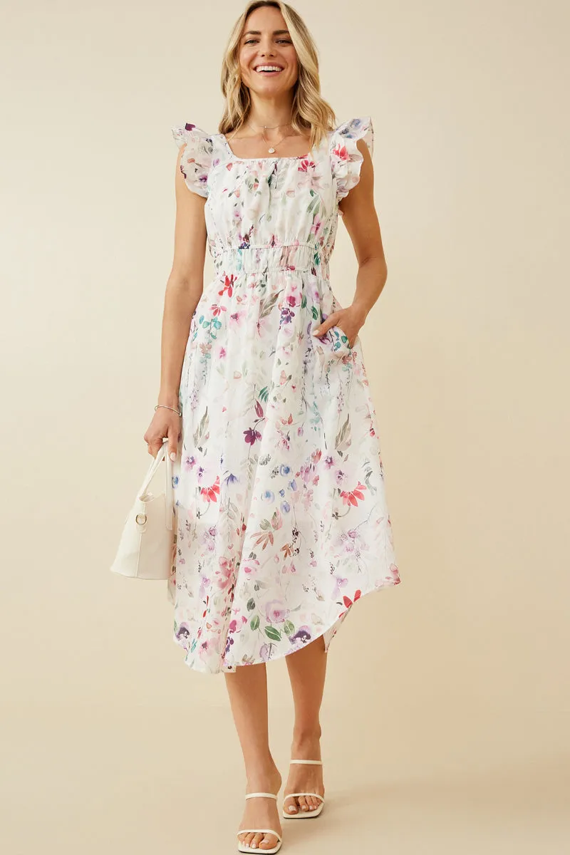 Texture Feel Soft Curve Faint Floral Ruffled Shoulder Midi Dress