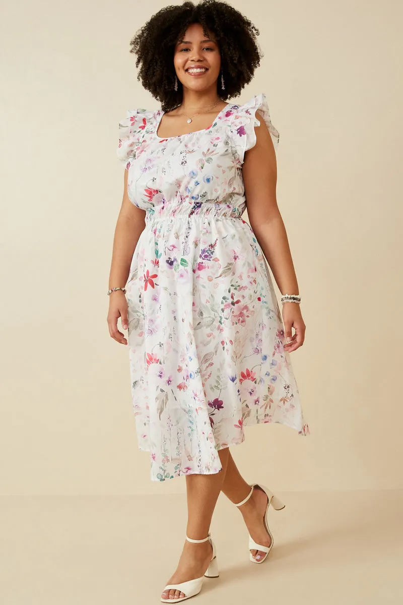 Faint Floral Ruffled Shoulder Midi Dress Evening Glow Essential Layer