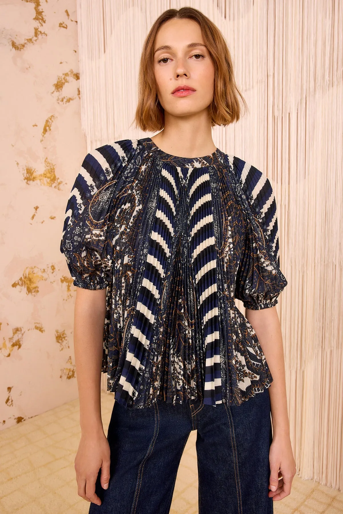 Stretchable Material ULLA JOHNSON DAFNE PLEATED SHORT SLEEVE BLOUSE