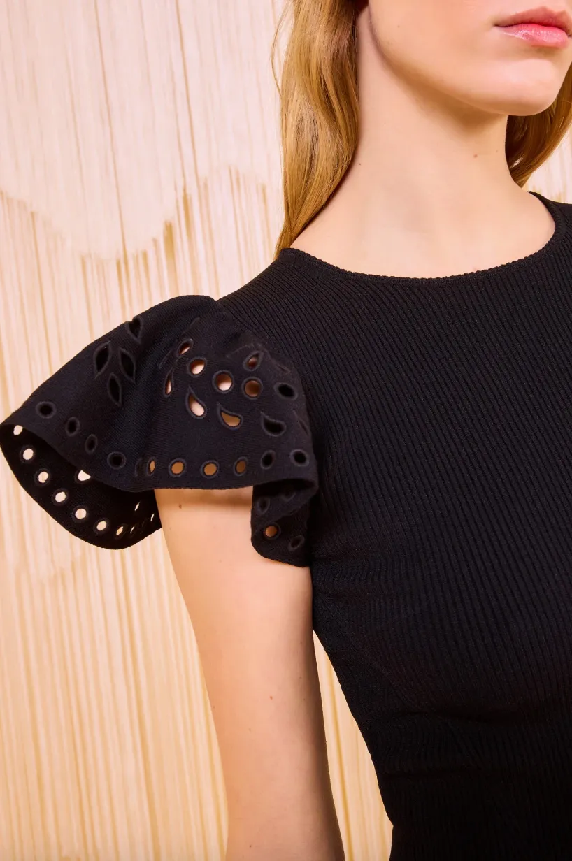 ULLA JOHNSON EDITH RUFFLE SLEEVE KNIT TOP Wear Resistant Edge AntiPilling Surface