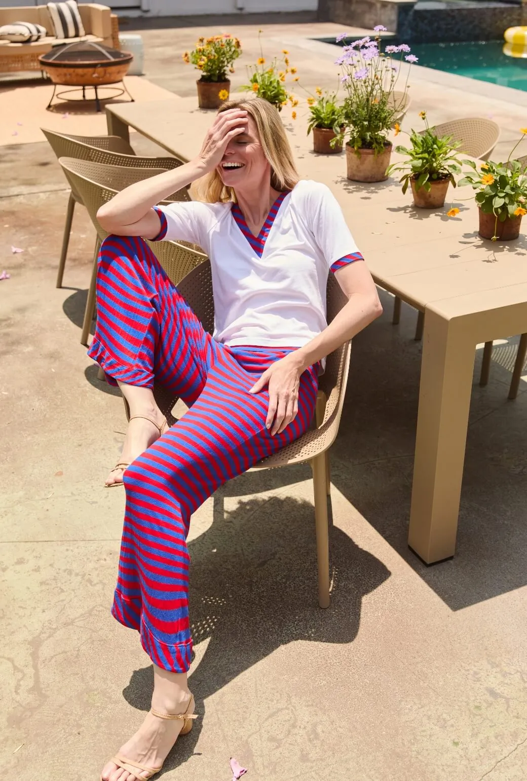 Wide Leg Knit Trouser - Red & Blue Stripe HighRiseWaistband