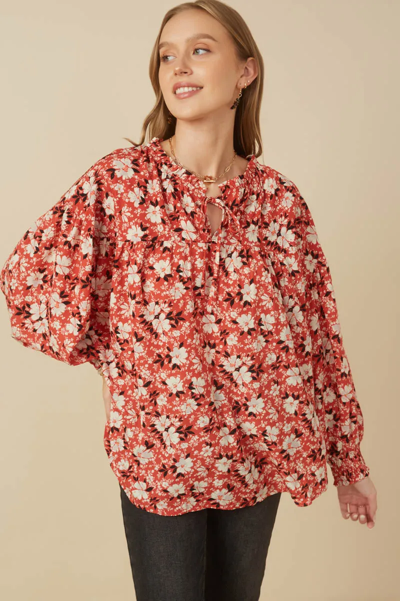 Ditsy Floral Ruffle Detail Smocked Cuff Top Cooling Technology Soft Pullover