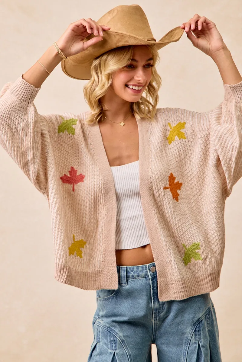 IT4665S-02 | TWO TONE KNIT CARDIGAN WITH LEAF PATCHES Transitional Look