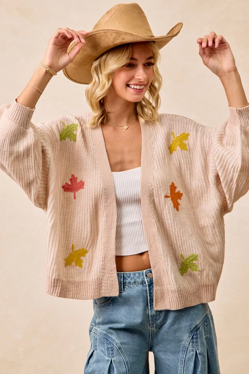 IT4665S-02 | TWO TONE KNIT CARDIGAN WITH LEAF PATCHES Neutral Street Style