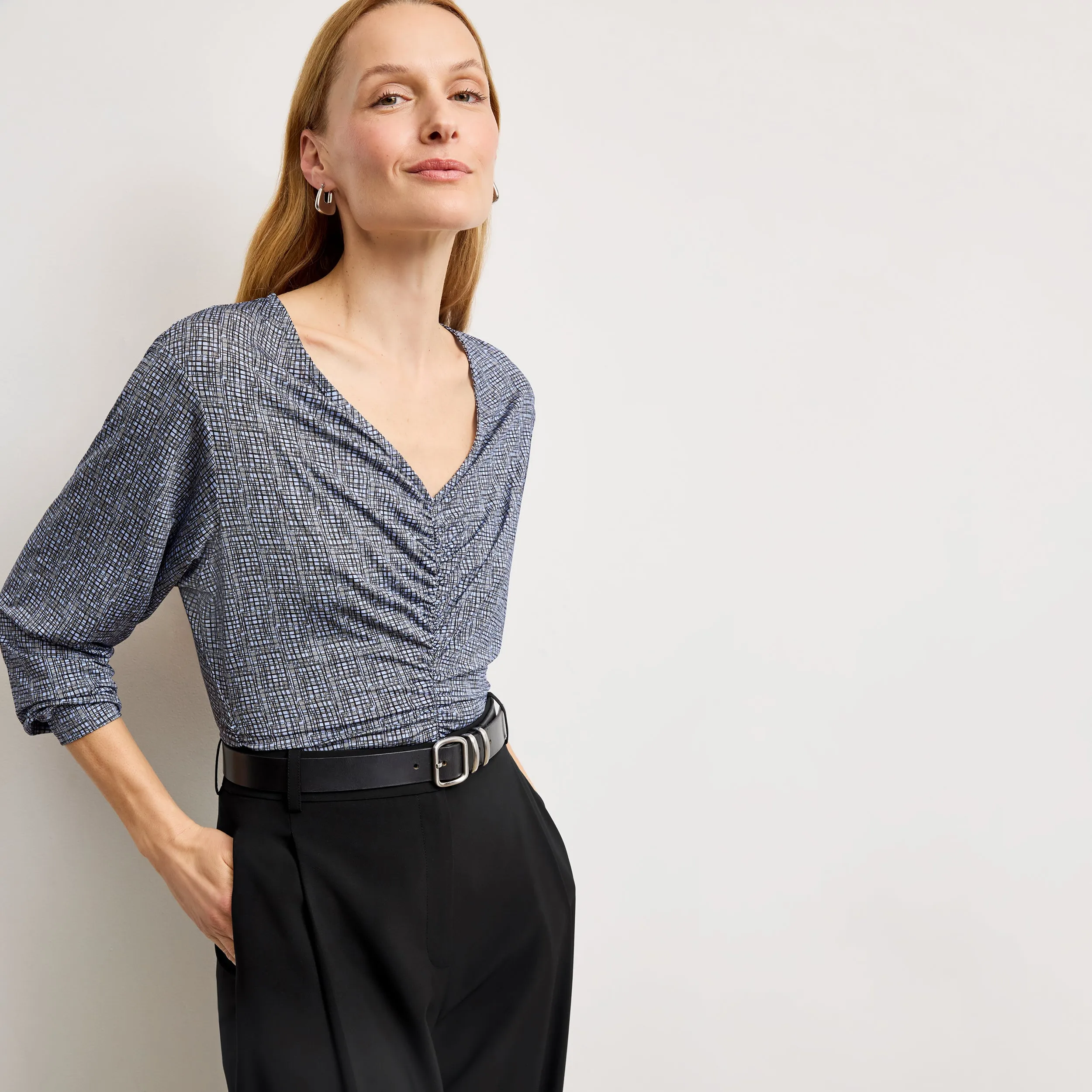 Amina Ruched Top - Printed Jersey :: Blueprint Sketch Taped Neckline