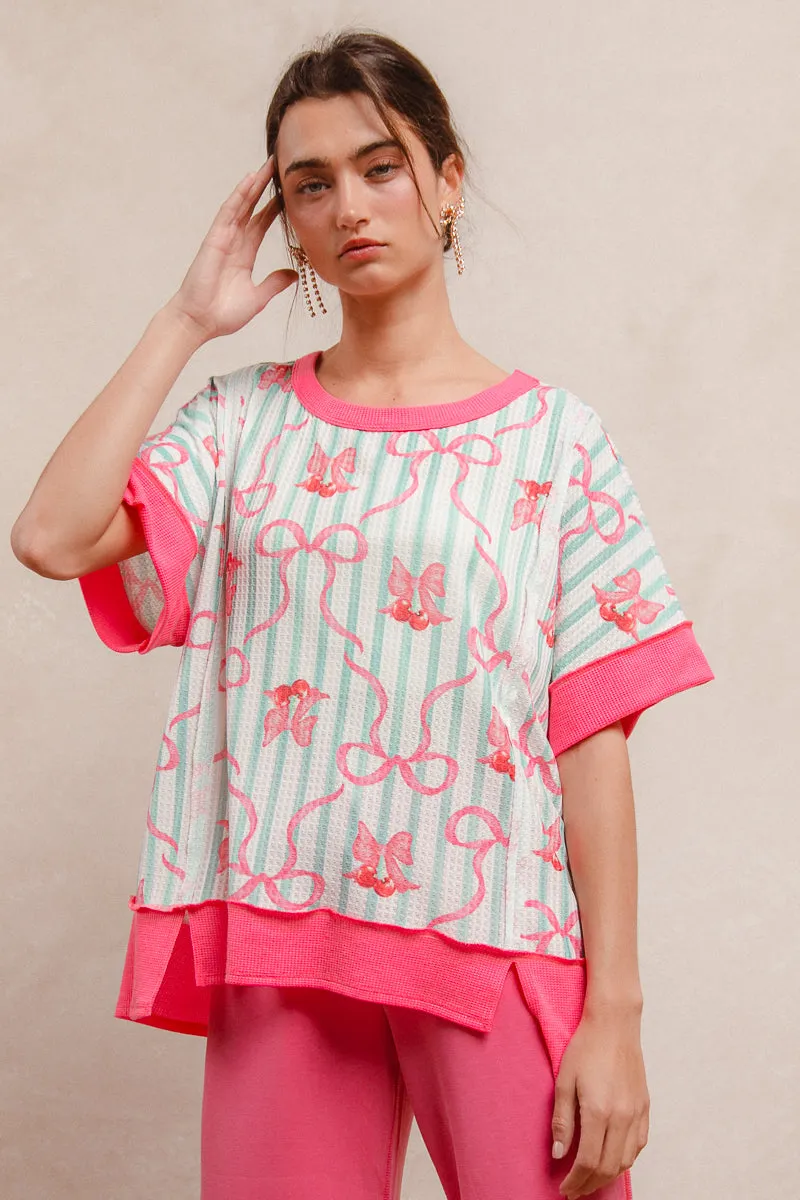 Compact Packability Windproof Cuffs IT4173R-01M | BOW RIBBON PRINTED LOOSE FIT TOP WITH CONTRAST BAND