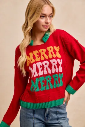 IT4833G-02 | CHRISTMAS MERRY LETTERING COLLARED SWEATER TOP Roll-up style Trendy Style