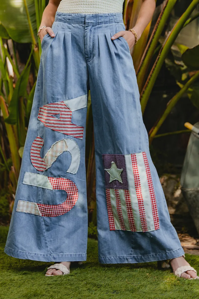 IB1476G-07 | VINTAGE WASHED AMERICAN FLAG THEME USA PATCHES WIDE CHAMBRAY PANTS Double Needle Stitching