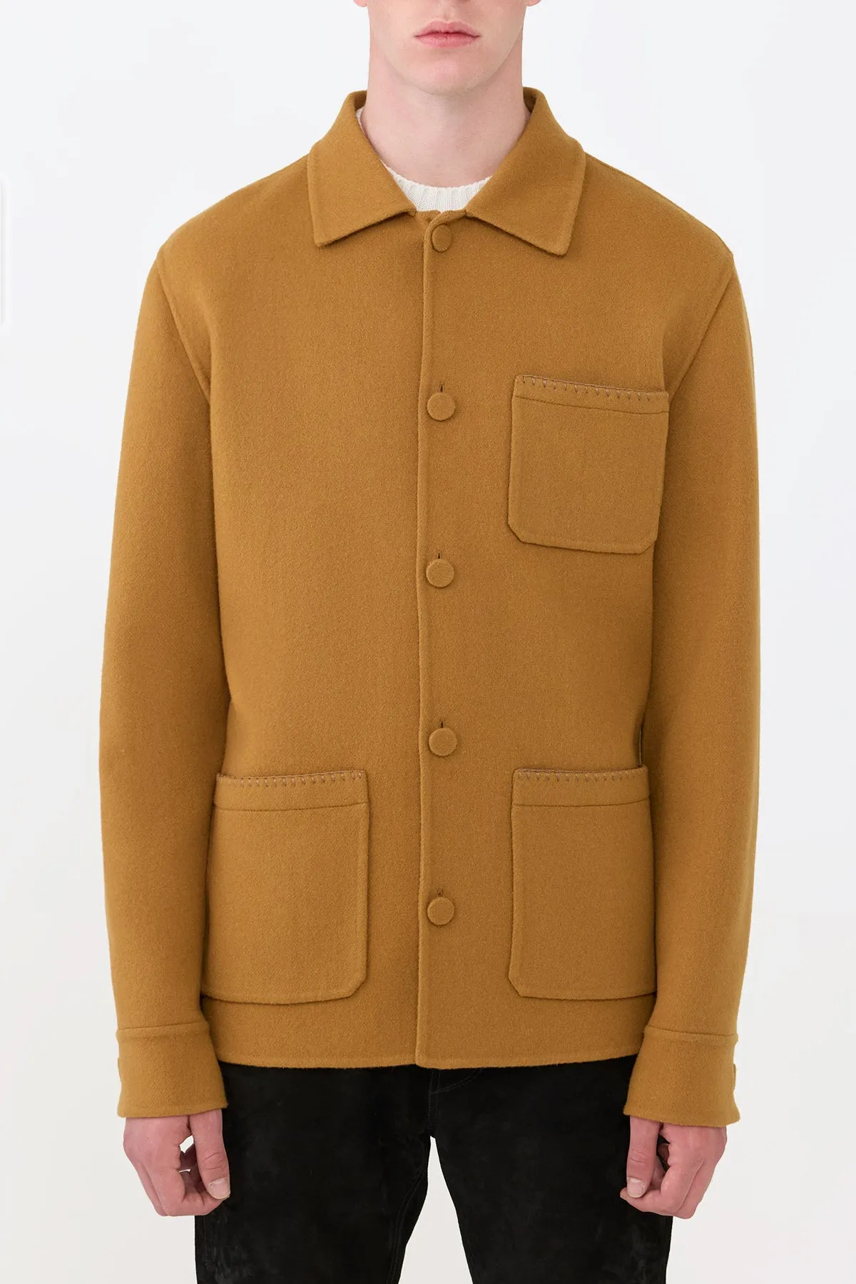 Ulu Chore Jacket in Yellow Ochre Double-Face Recycled Cashmere DoubleStitched Construction Resilient Fabric Blend