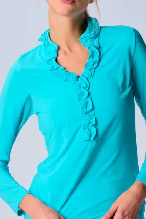UPF 50  Ruffle V Neck Top In Caribbean Turquoise FlexibleMobility AdjustableHem