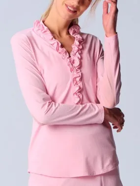 UPF 50  Ruffle V Neck Top In Light Pink Basic Long Sleeve Lightweight Design