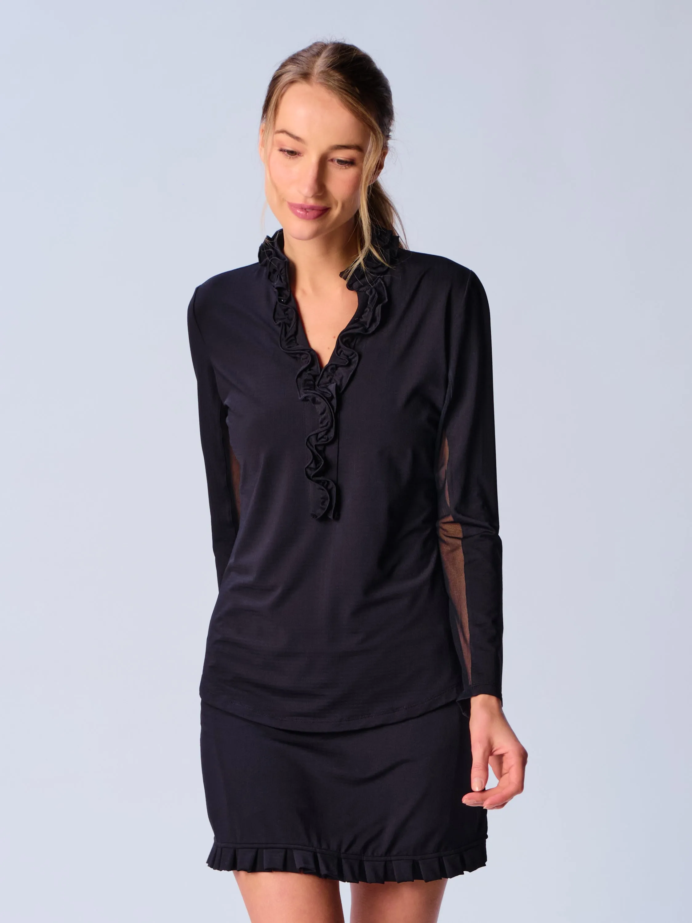 UPF 50  Ruffle V Neck Top In New Colors Reinforced Seams