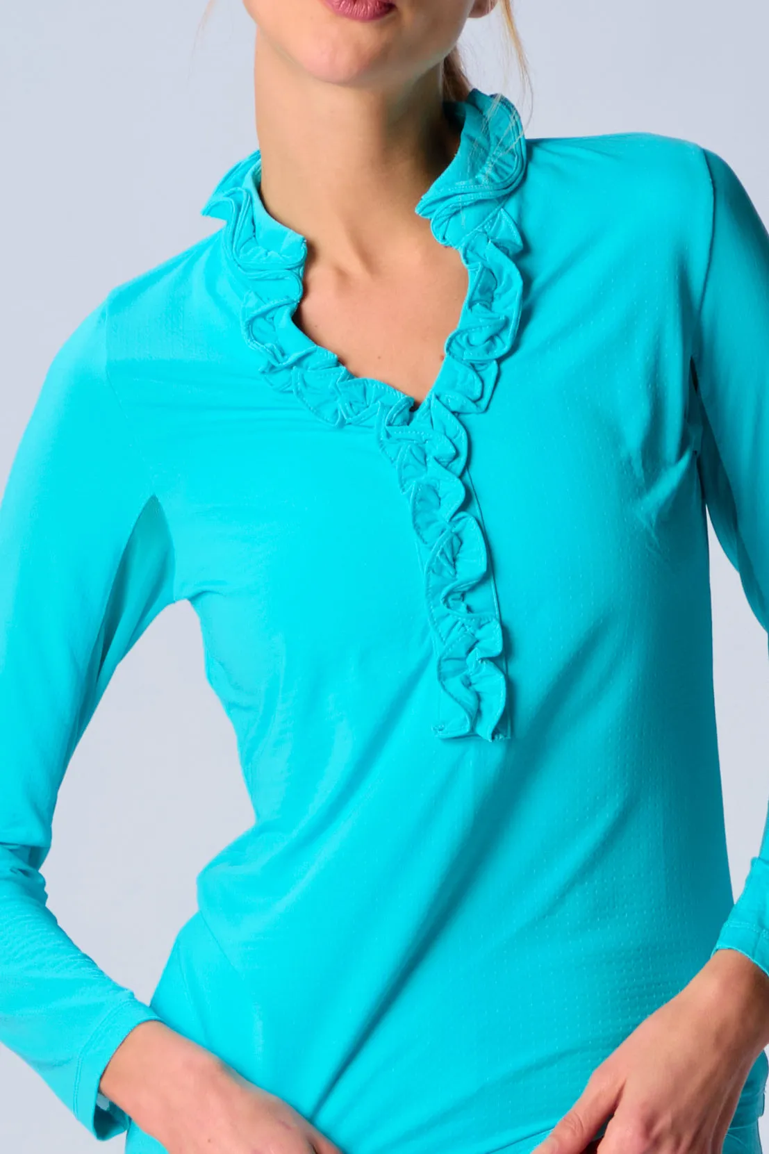 MoistureWicking Fabric Non Chafing Side Seams UPF 50  Ruffle V Neck Top In New Colors
