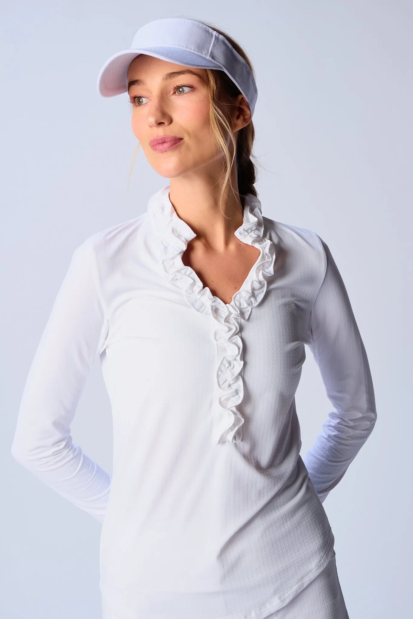 Timeless Cut MeshVentilation UPF 50  Ruffle V Neck Top In White