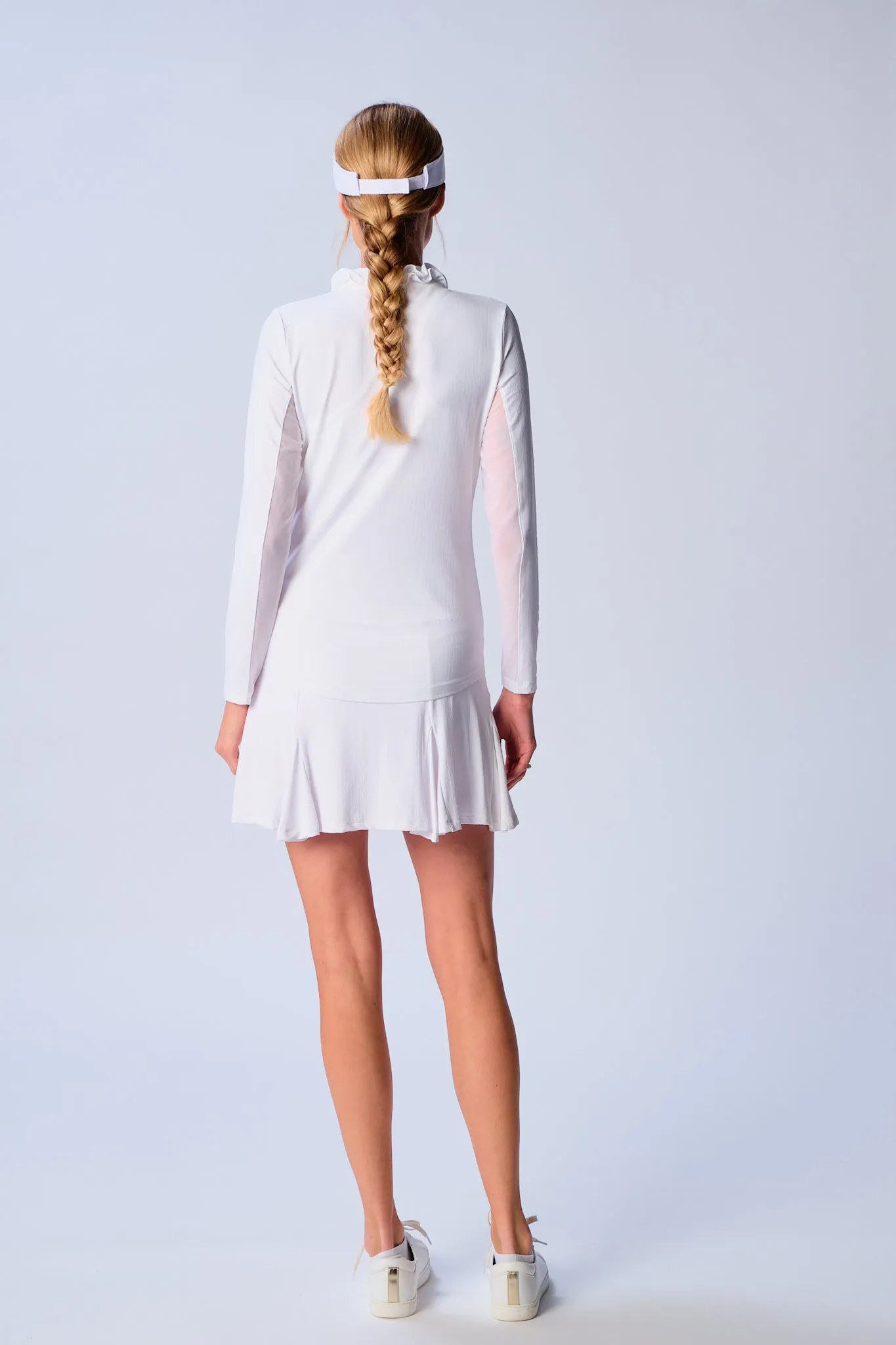 UPF 50  Ruffle V Neck Top In White Bold Design