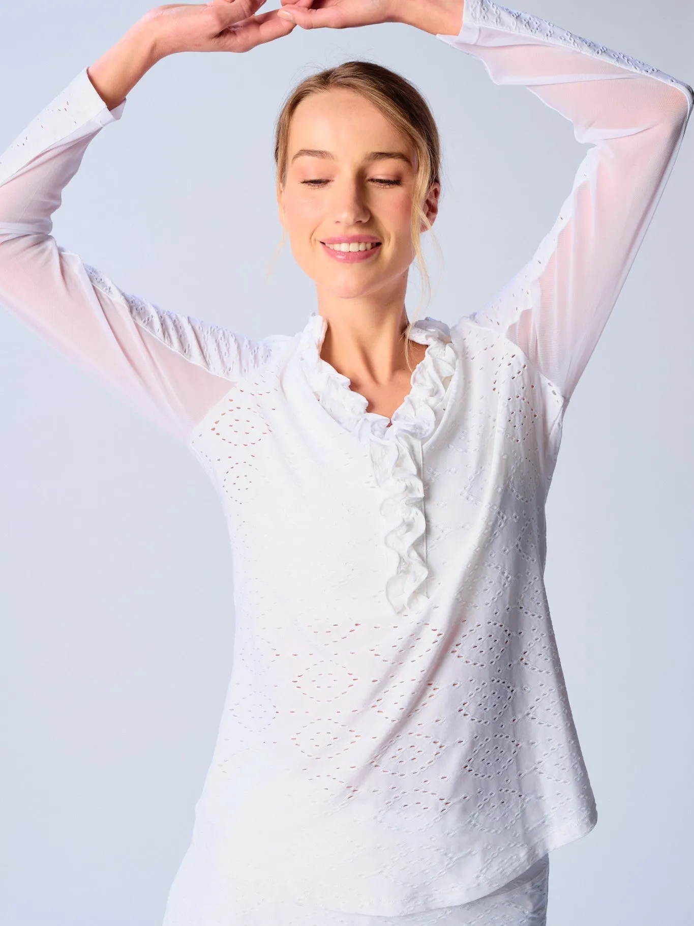 UPF 50  Ruffle V Neck Top In White Eyelet AntiOdor