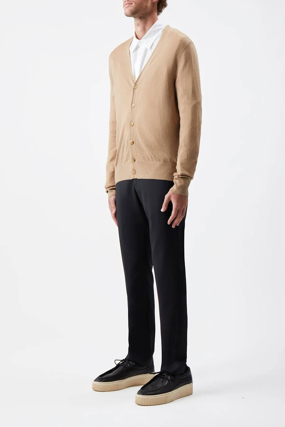 Duke Knit Cardigan in Camel Cashmere OdorResistant Treatment