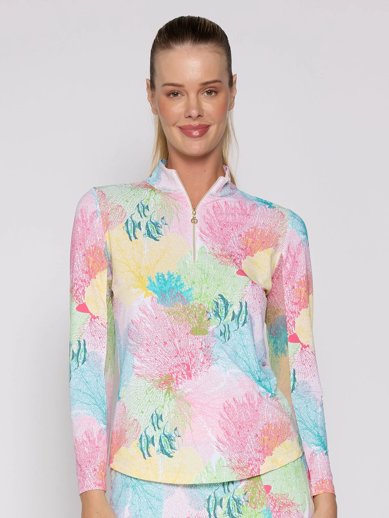 YarnDyeStripe Quarter Zip Sun Protection Top In Multi Coral