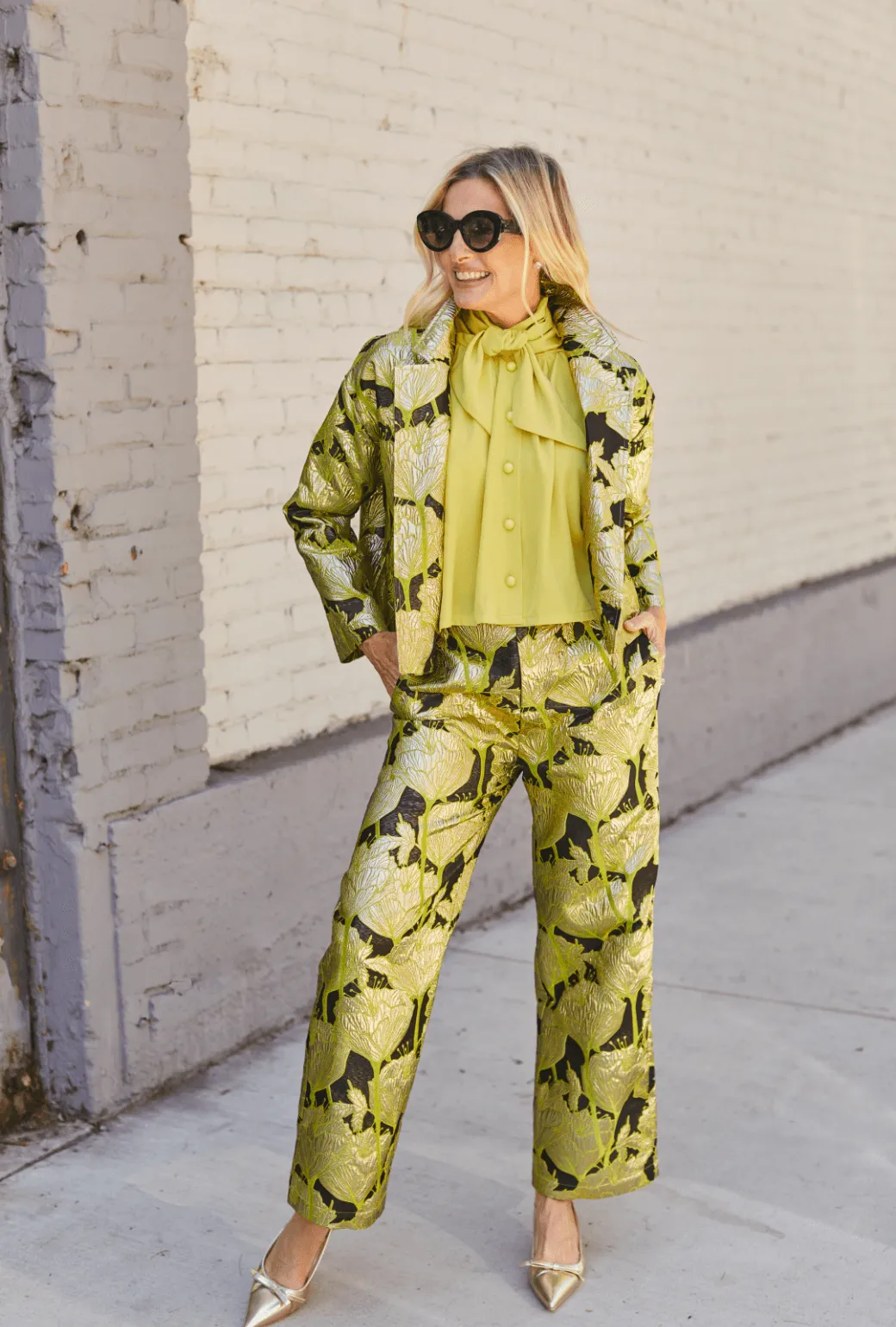 Le Culottes Full Length - Chartreuse and Black Brocade Frayed hem
