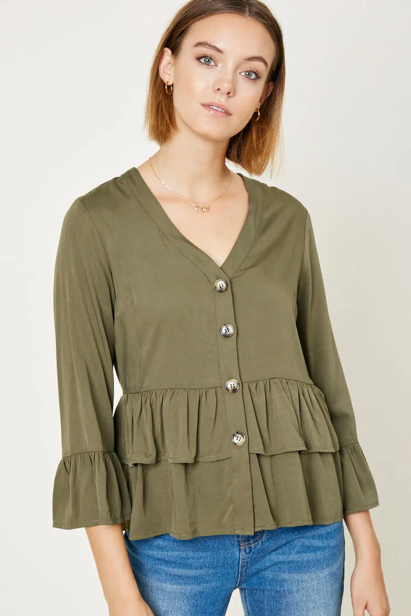 V-neck Button-Down Tiered Ruffle Hem Top Adjustable Hem Non Restrictive Armhole Cut