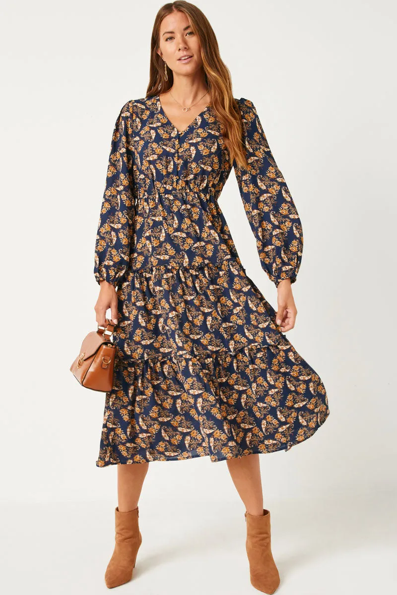 V Neck Floral Paisley Print Long Sleeve Dress Soft Outfit