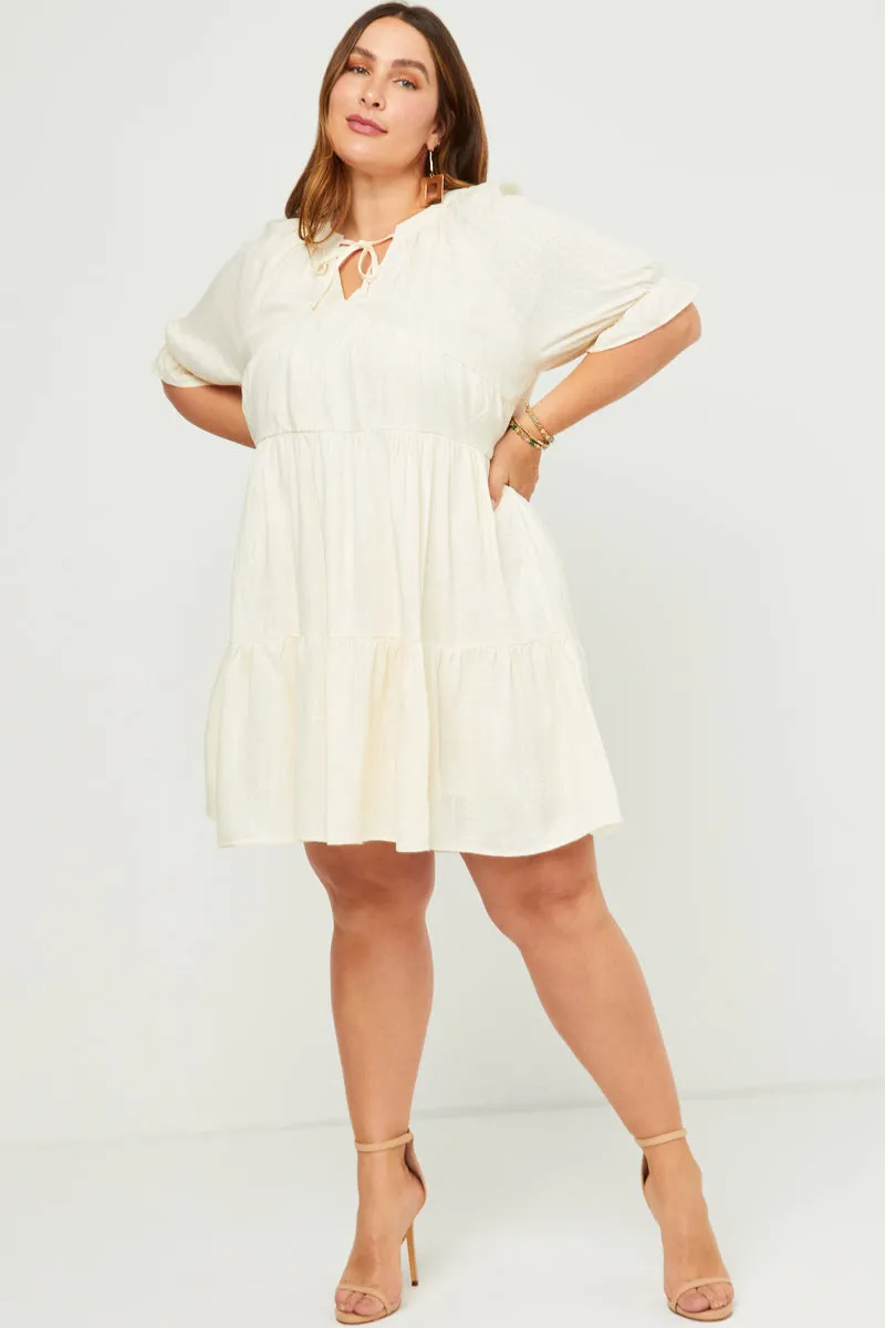 V Neck Tie Detail Cinch Sleeve Dress Bust-Enhancing Soft Appearance