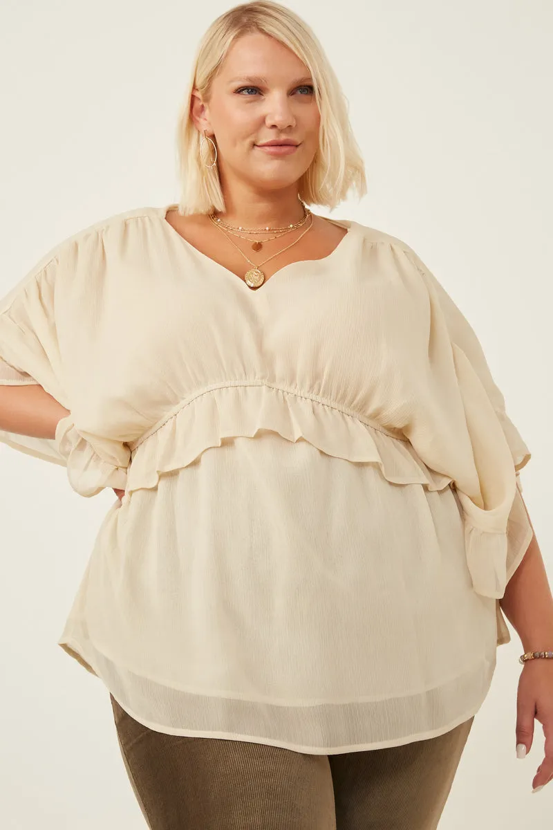 Loose Tee V Neck Wide Sleeve Ruffled Chiffon Top