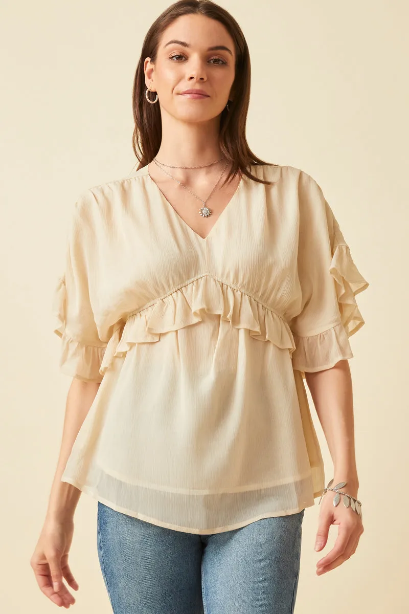 Vintage Pullover SeamlessDesign V Neck Wide Sleeve Ruffled Chiffon Top