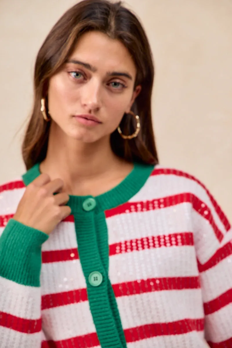 IT4778S-02 | CHRISTMAS STRIPE SEQUINS BUTTONED UP CARDIGAN Relax Comfort Tall Fit