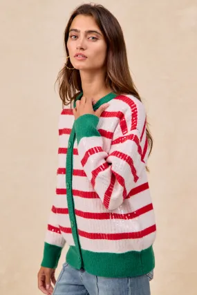 IT4778S-02 | CHRISTMAS STRIPE SEQUINS BUTTONED UP CARDIGAN Business casual Elegant Silhouette
